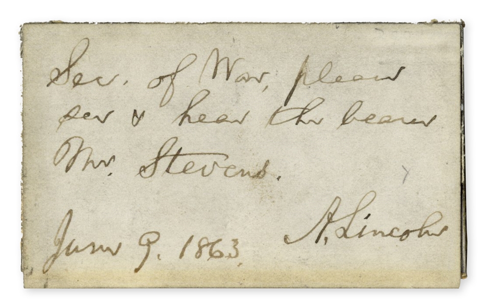 Abraham Lincoln Autograph Note Signed From 1863 -- Lincoln Asks His Secretary of War to See the Powerful Abolitionist Congressman Thaddeus Stevens